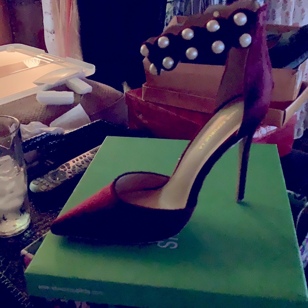 NWT Red velvet with pearl ankle strap sandals. *